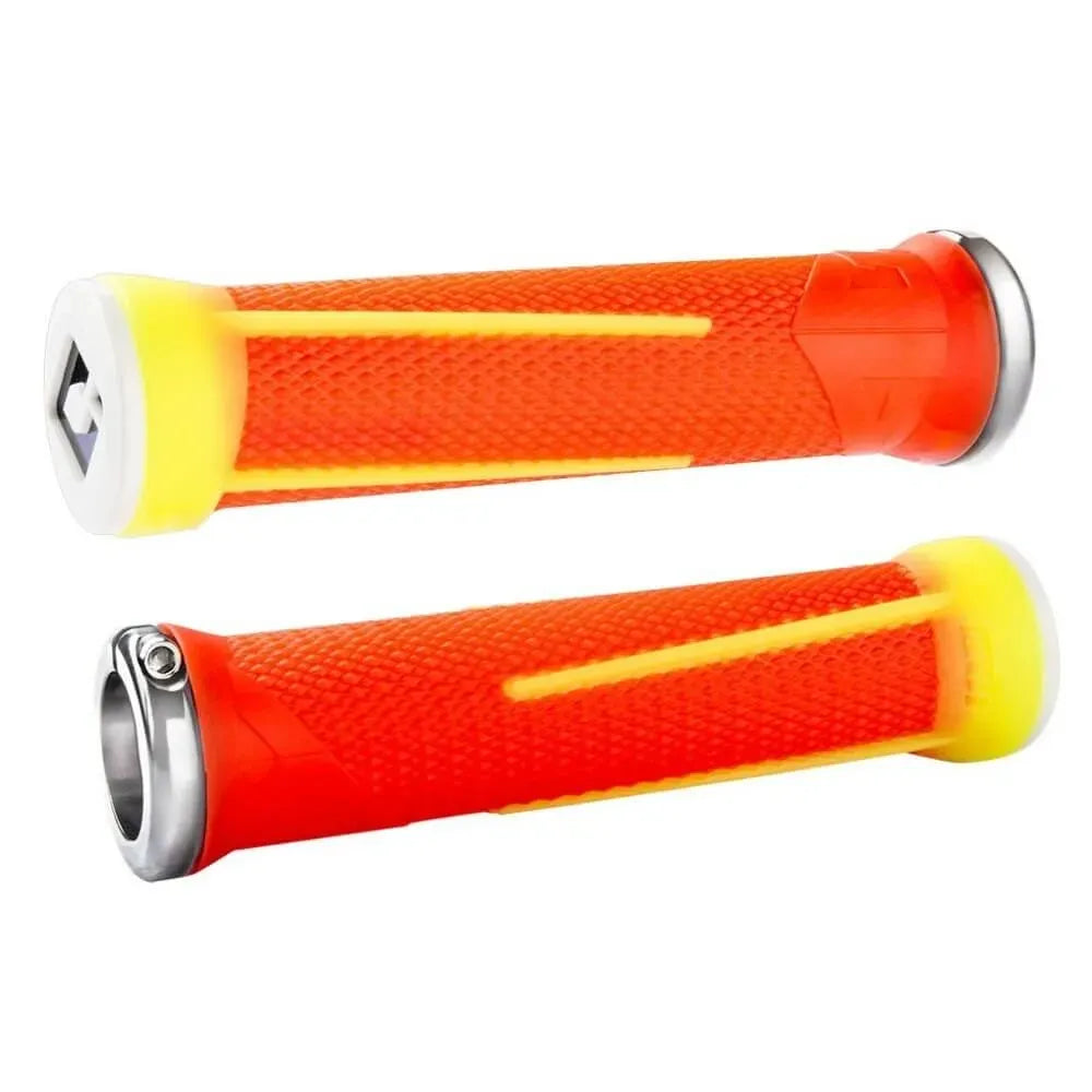 ODI AG-1 Lock-On BMX Race/MTB/Downhill Grips - 130mm - Fl. Org/Fl. White/Silver Clamps
