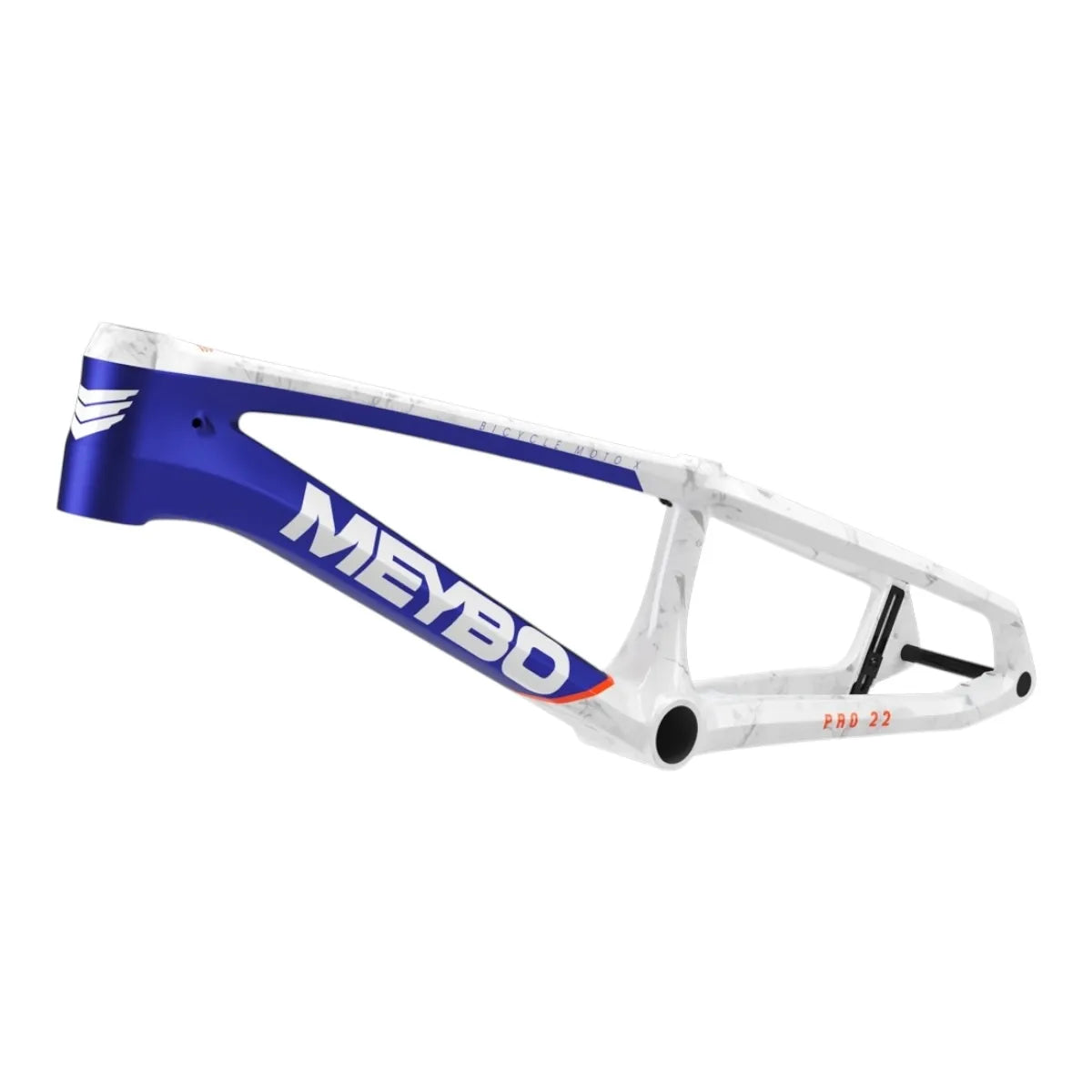 Side profile of the 2026 Meybo HSX Carbon BMX race frame showing the unidirectional carbon finish and flat mount disc brake setup