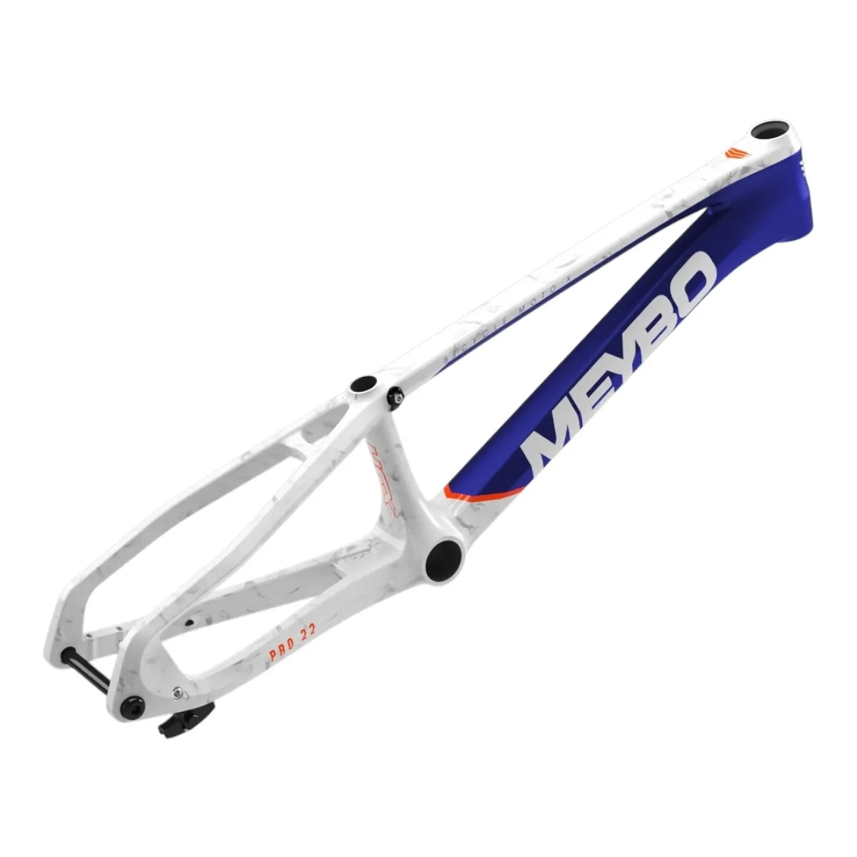 Side profile of the 2026 Meybo HSX Carbon BMX race frame showing the unidirectional carbon finish and flat mount disc brake setup.
