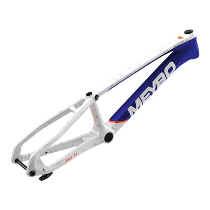 Side profile of the 2026 Meybo HSX Carbon BMX race frame showing the unidirectional carbon finish and flat mount disc brake setup.