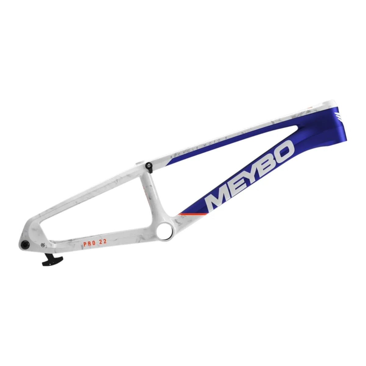 Side profile of the 2026 Meybo HSX Carbon BMX race frame showing the unidirectional carbon finish and flat mount disc brake setup.